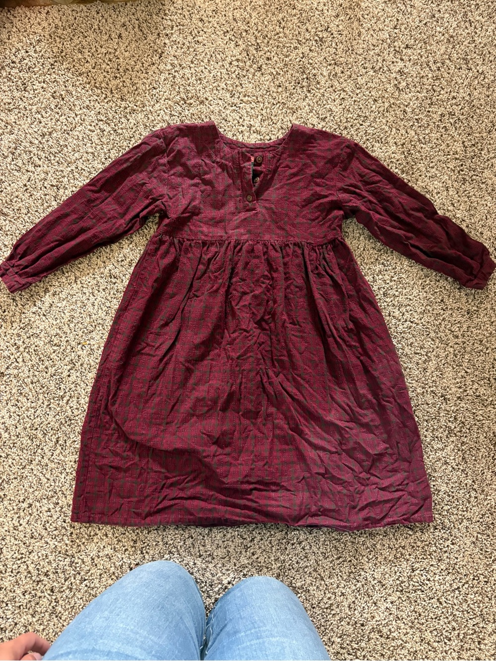Vintage Girls' Long Sleeve Wine Plaid Button-Front Dress